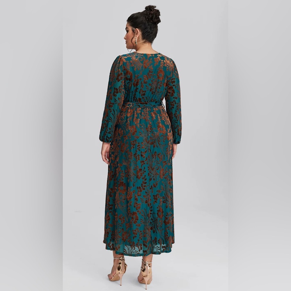 Velvet Wrap Maxi Dress Plus Size 2X NWT Teal Brown Floral Long Sleeve Dress - Picture 4 of 6